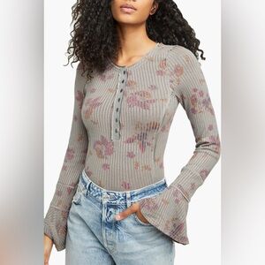 Free People Layer Me Henley Floral Bell-Sleeve Top Size M